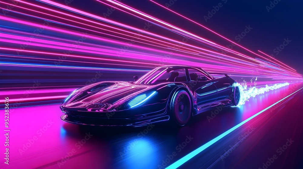 Futuristic Self Driving Car Glowing on Neon Lit Highway Towards Autonomous Transportation Futuristic Self Driving Car Glowing on Neon Lit Highway Towards Autonomous Transportation