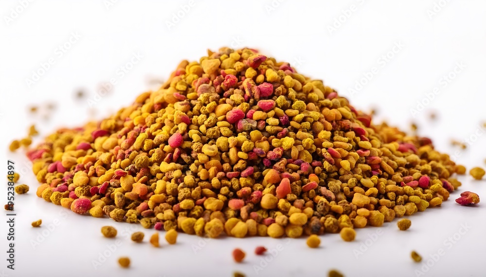 A small mound of colorful bee pollen granules, carefully arranged on a white background. A small mound of colorful bee pollen granules, carefully arranged on a white background.