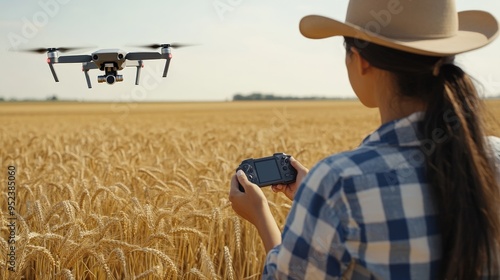 Farmer Operating Drone in Wheat Field for Agricultural Survey and Data Collection photo