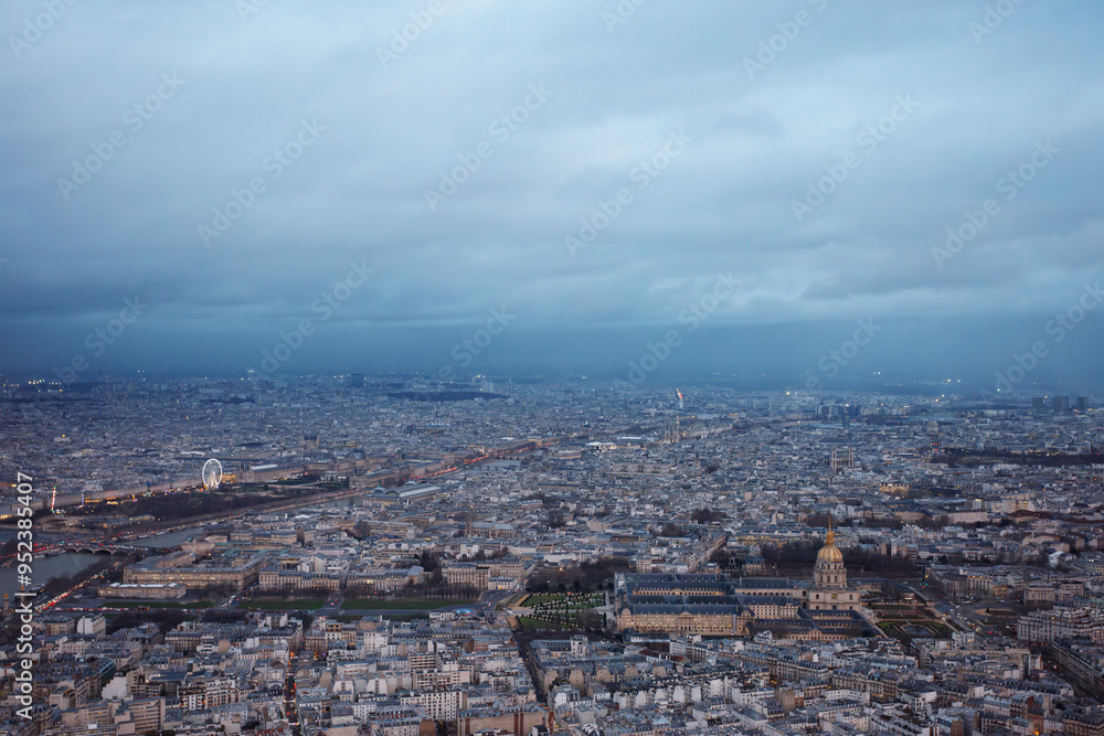 Bird eye shot of Paris center with Invalides Museum and Louvre Bird eye shot of Paris center with Invalides Museum and Louvre