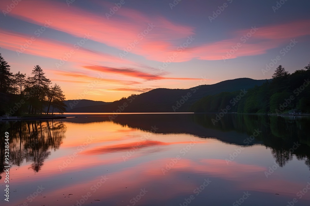 Peaceful Lakeside Sunset Views with Calm Sky and Water Reflections Peaceful Lakeside Sunset Views with Calm Sky and Water Reflections