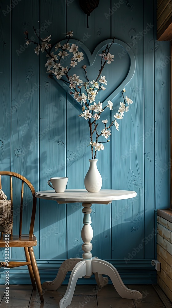 White table on blue heart wall White table on blue heart wall