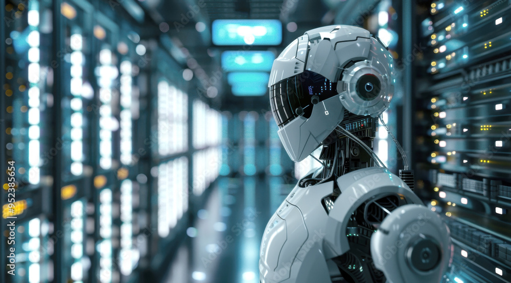 A futuristic robot in a high-tech data center, surrounded by illuminated server racks. Concept of advanced robotics and artificial intelligence technology A futuristic robot in a high-tech data center, surrounded by illuminated server racks. Concept of advanced robotics and artificial intelligence technology