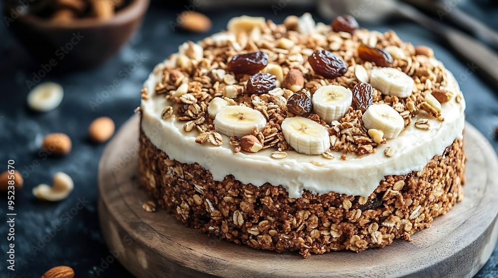 Oatmeal banana cake topped with Milo and almond granola cashews dates raisins and oats for a healthy and diet snack : Generative AI Oatmeal banana cake topped with Milo and almond granola cashews dates raisins and oats for a healthy and diet snack : Generative AI