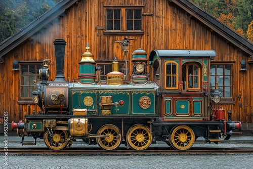 Ornate Steam Locomotive Parked in Front of a Wooden Building