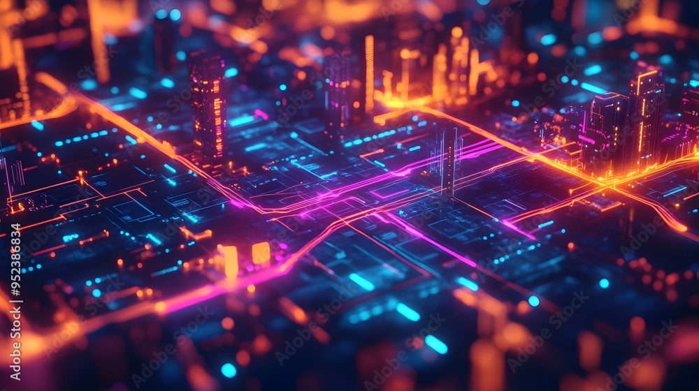 Obraz premium AI Powered Futuristic City Map with Optimized Traffic Management and Glowing Navigation Routes