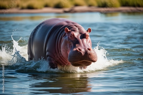 Dynamic Hippopotamus Splashing Through Water in Natural Habitat