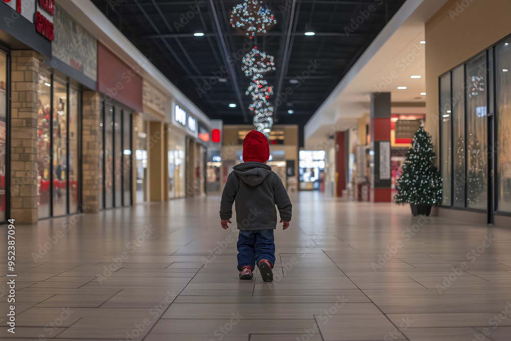 Obraz premium A child walking alone in an empty, decorated shopping mall during the holiday season