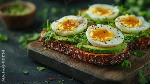 Delicious tapas appetizer snack bruschetta with avocado eggs gherkins greens spread on a wooden chopping board on a dark background : Generative AI