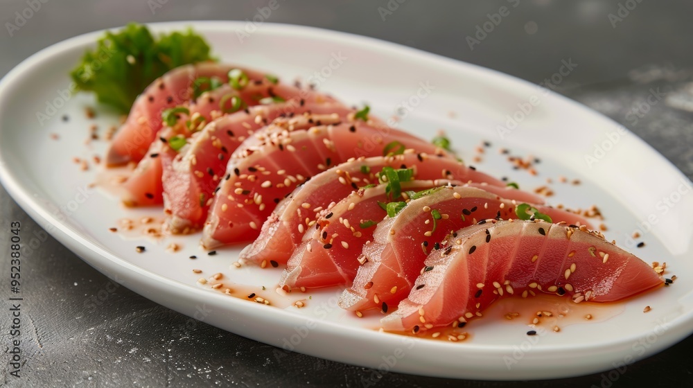 Artfully arranged slices of fresh tuna garnished with sesame seeds on a pristine white plate Artfully arranged slices of fresh tuna garnished with sesame seeds on a pristine white plate