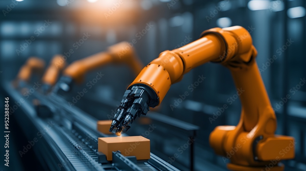 Industrial robotic arm handling a box in a modern automated environment, showcasing advanced technology and precision. Industrial robotic arm handling a box in a modern automated environment, showcasing advanced technology and precision.