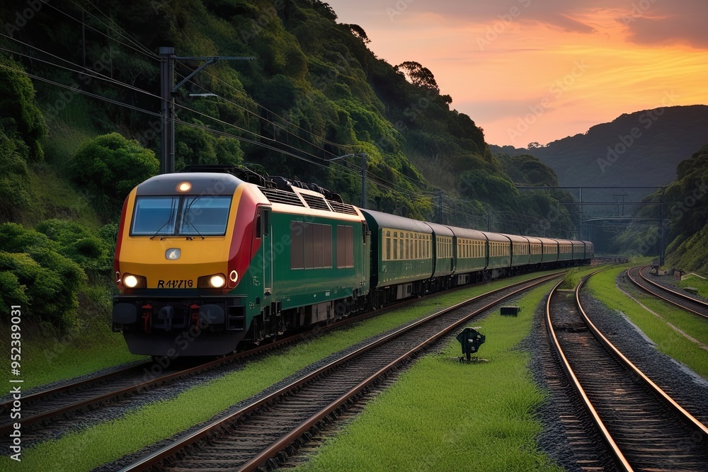 Fototapeta premium Verdant Railway Surrounded by a Sultry Sunset