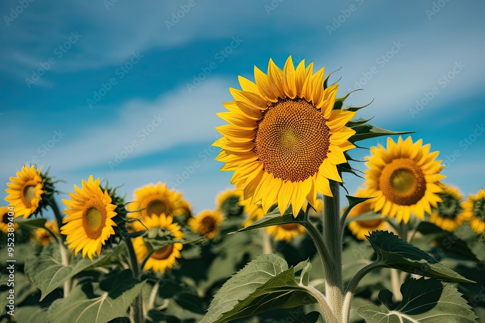 Obraz premium Vibrant Gold Sunflower Blooming Against Bright Blue Sky Background