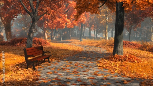 Autumn park scene with a winding path a bench under an oak tree and fallen leaves Warm autumnal with rich oranges reds browns and detailed 3D-rendered leaves