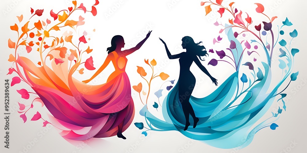 A vector illustration of two people dancing, with swirls and floral patterns,The design features simple shapes, bold lines, and a flat, graphic art style. A vector illustration of two people dancing, with swirls and floral patterns,The design features simple shapes, bold lines, and a flat, graphic art style.