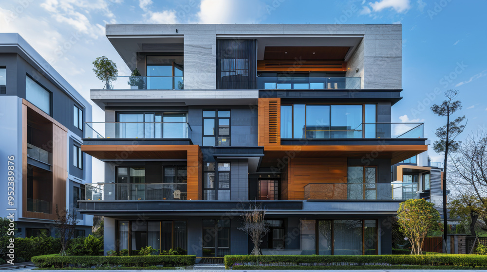Obraz premium Modern luxury multi-story apartment building exterior with dark gray and wood accents against a blue sky.