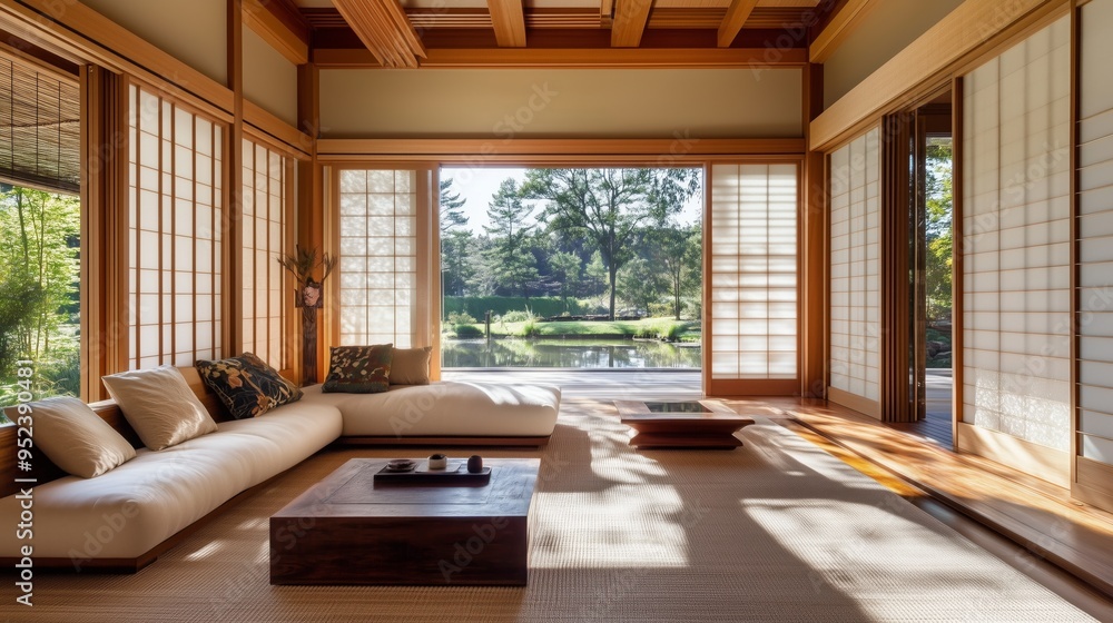 The room has a Japanese theme with a lot of natural light coming in through the windows. The room has a Japanese theme with a lot of natural light coming in through the windows.