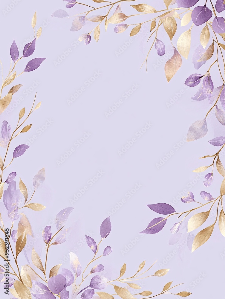 Obraz premium Elegant floral border design featuring purple and gold foliage on a soft lavender background.