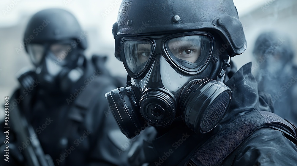Military police wearing gas masks : Generative AI Military police wearing gas masks : Generative AI