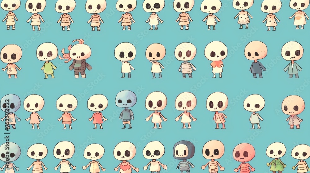 A vibrant collection of cute skeleton illustrations in various outfits and poses, perfect for playful designs and decorations. A vibrant collection of cute skeleton illustrations in various outfits and poses, perfect for playful designs and decorations.