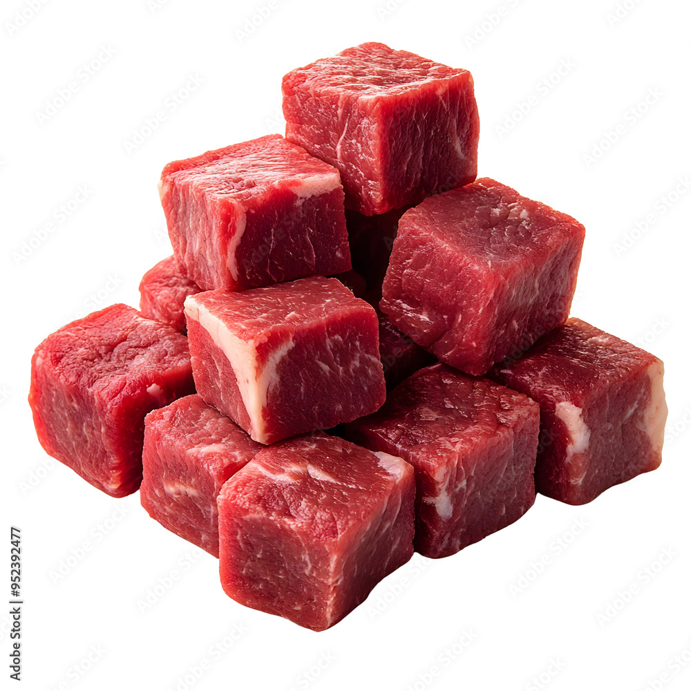A pile of fresh, premium red meat cubes ideal for stews, grilling, or culinary presentations. A pile of fresh, premium red meat cubes ideal for stews, grilling, or culinary presentations.