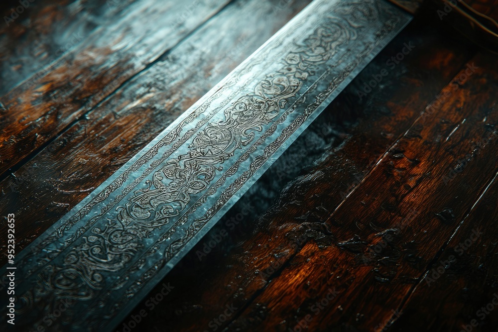Ornate Metal Strip on Dark Wooden Surface