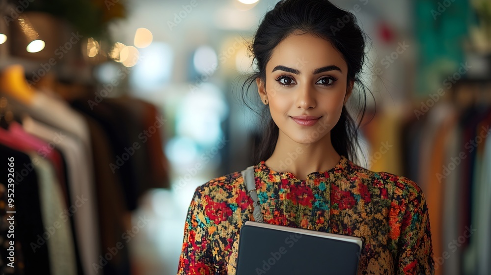 Young Modern Confident Indian Asian Entrepreneur woman or female professional fashion stylist is holding a notebook or a laptop in hand in boutique looking at camera Selfemployment Sta : Generative AI Young Modern Confident Indian Asian Entrepreneur woman or female professional fashion stylist is holding a notebook or a laptop in hand in boutique looking at camera Selfemployment Sta : Generative AI