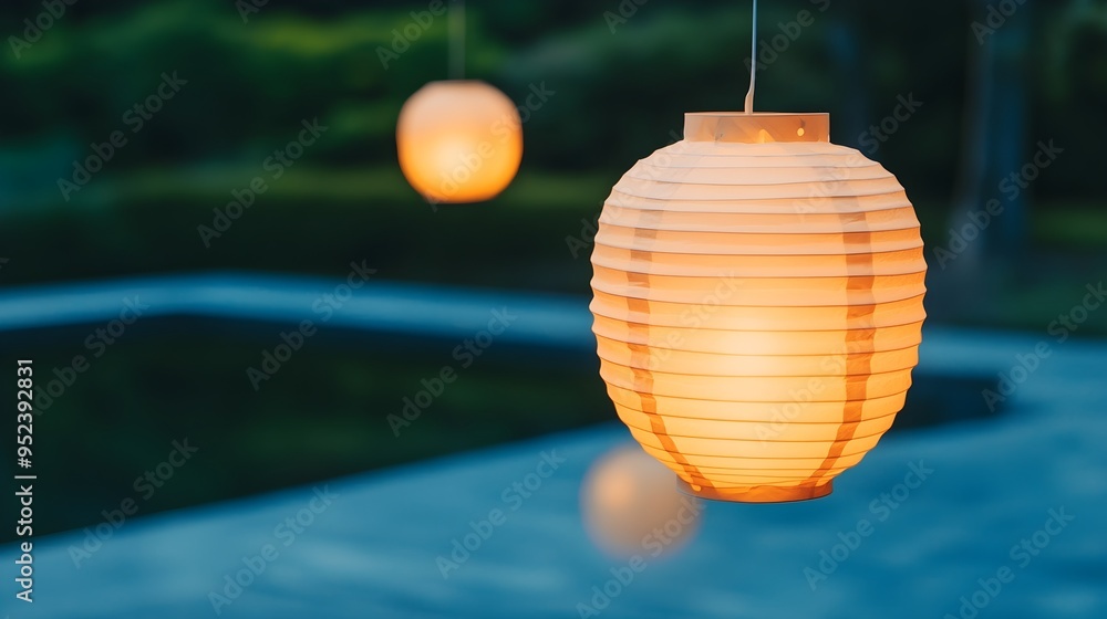 Fototapeta premium Illuminated Paper Lantern Hanging Over Pool at Dusk