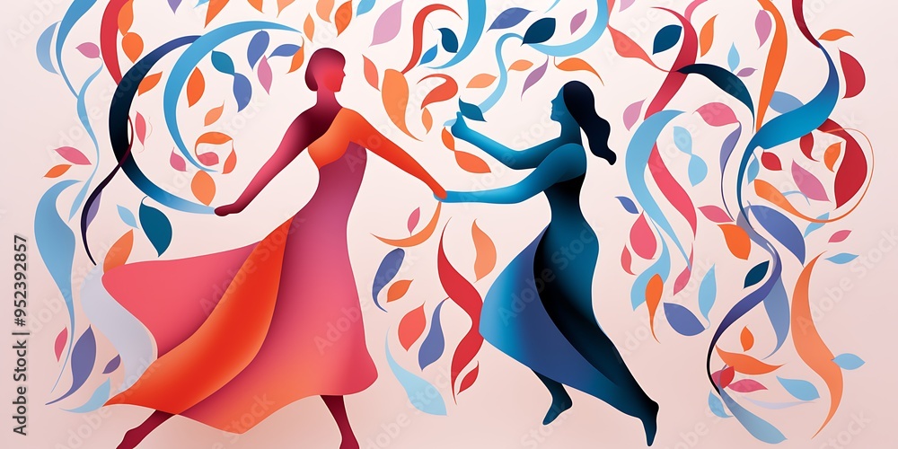 A vector illustration of two people dancing, with swirls and floral patterns,The design features simple shapes, bold lines, and a flat, graphic art style. A vector illustration of two people dancing, with swirls and floral patterns,The design features simple shapes, bold lines, and a flat, graphic art style.