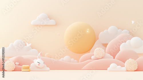 Mid-Autumn Festival poster illustration,light red and yellow,lots of clouds, golden full moon, cuterabbit,fantasy style. with mooncakes.