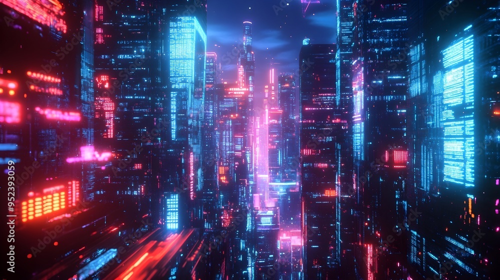 Futuristic Neon Lit Cityscape with Towering Skyscrapers and Vibrant Urban Landscape at Night Futuristic Neon Lit Cityscape with Towering Skyscrapers and Vibrant Urban Landscape at Night