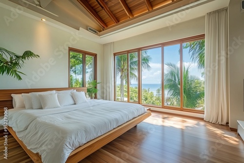 Modern home bedroom interior and panoramic window on tropics.