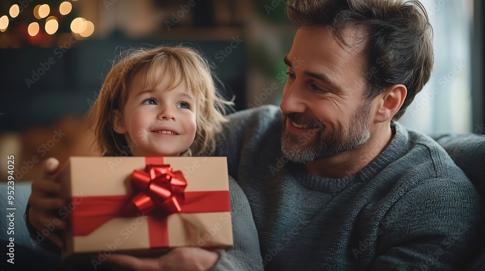 Son giving gift box to his dad on sofa at home : Generative AI Son giving gift box to his dad on sofa at home : Generative AI