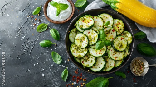 Zucchini wedges pesto and yogurt on gray background Vegetarian concept Top view