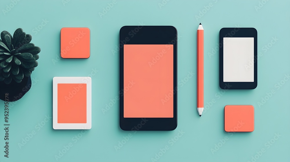 Minimalist Flat Lay with Smartphone, Pencil, and Coral Accents Minimalist Flat Lay with Smartphone, Pencil, and Coral Accents