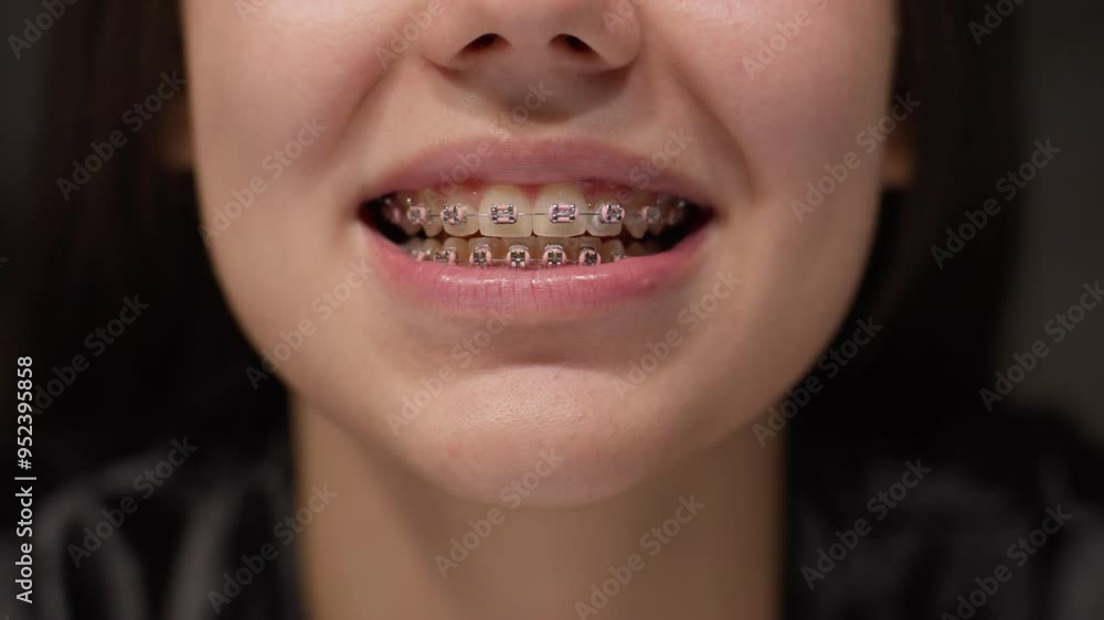 Close-up of Caucasian Teenage Girl Showing Braces on Teeth. Concept of orthodontic treatment, dental care, oral health, happiness, personal care, positive, appearance, confidence, teeth correction Close-up of Caucasian Teenage Girl Showing Braces on Teeth. Concept of orthodontic treatment, dental care, oral health, happiness, personal care, positive, appearance, confidence, teeth correction