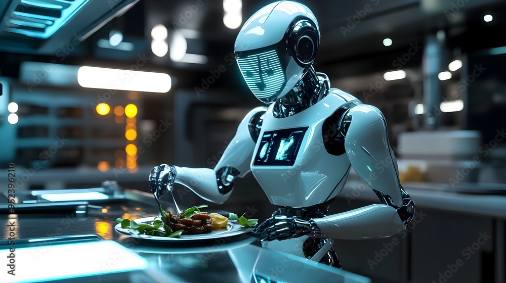 Futuristic Robotic Chef Skillfully Prepares Gourmet Dish in High Tech Minimalist Kitchen with Neon Tinged Lighting Futuristic Robotic Chef Skillfully Prepares Gourmet Dish in High Tech Minimalist Kitchen with Neon Tinged Lighting