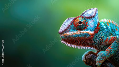 A close-up of a chameleon clinging to a branch, its colorful scales and independently moving eyes sharply in focus against a blurred green background. photo