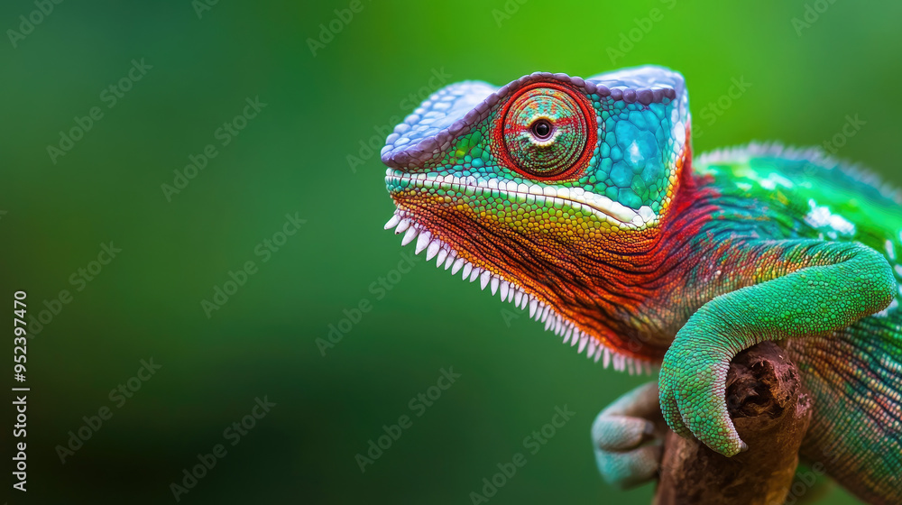 Obraz premium A close-up of a chameleon clinging to a branch, its colorful scales and independently moving eyes sharply in focus against a blurred green background.