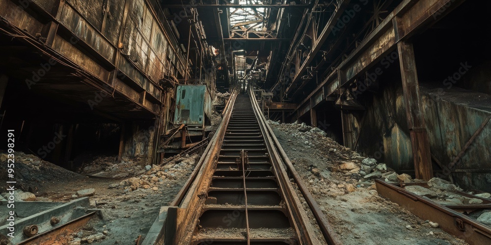 Rusty metal staircase leading up through an abandoned factory. Rusty metal staircase leading up through an abandoned factory.