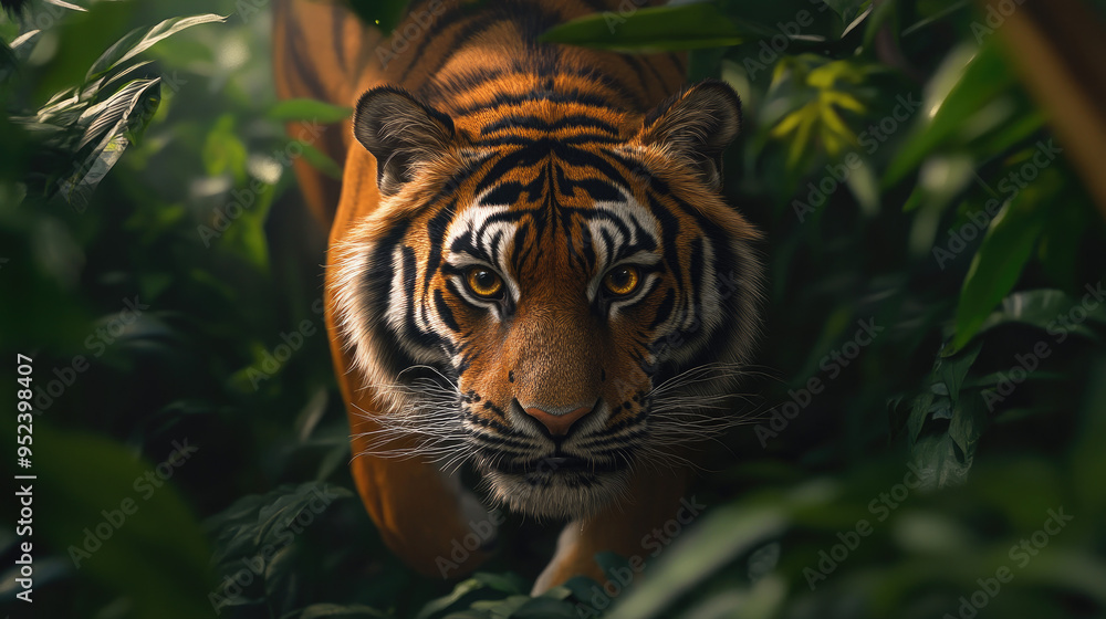A close-up of a tiger prowling through dense jungle foliage, with its intense eyes and distinctive striped fur sharply in focus. A close-up of a tiger prowling through dense jungle foliage, with its intense eyes and distinctive striped fur sharply in focus.