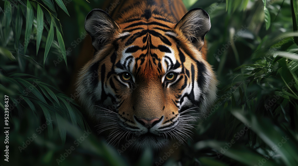 A close-up of a tiger prowling through dense jungle foliage, with its intense eyes and distinctive striped fur sharply in focus. A close-up of a tiger prowling through dense jungle foliage, with its intense eyes and distinctive striped fur sharply in focus.