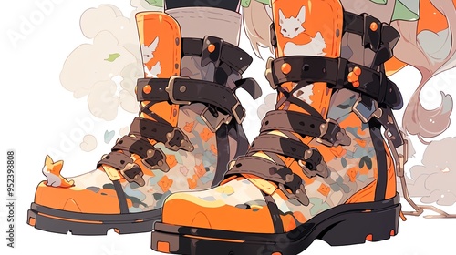 Stylish orange boots featuring unique design elements, perfect for fashion enthusiasts and adventure seekers alike. photo