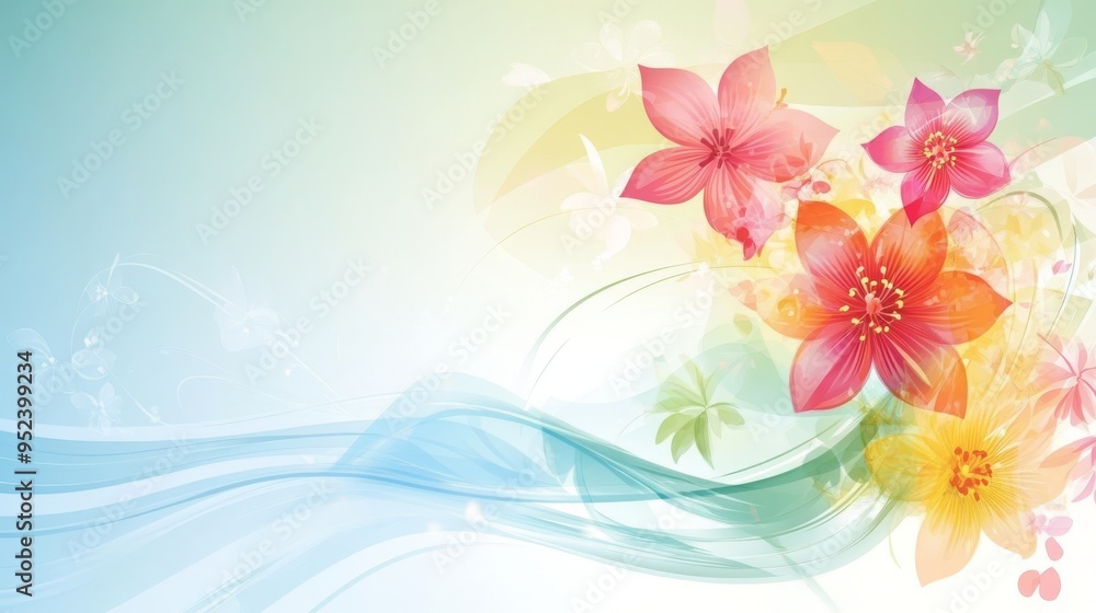 Obraz premium Floral Abstract Background with Wavy Lines and Watercolor Flowers