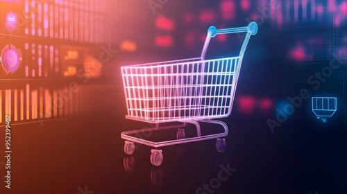 Neon Shopping Cart 3D Render - Online Retail, eCommerce