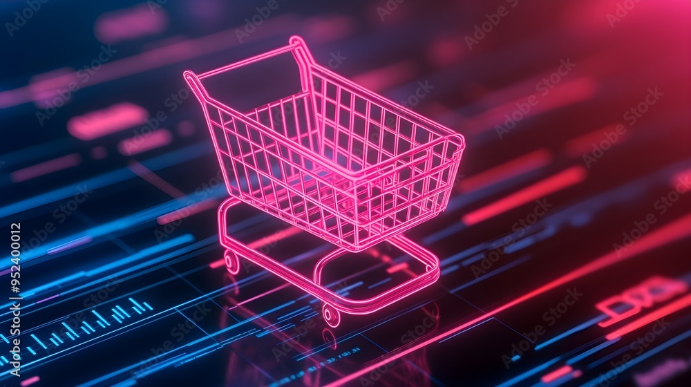 Neon Shopping Cart on Digital Interface Neon Shopping Cart on Digital Interface