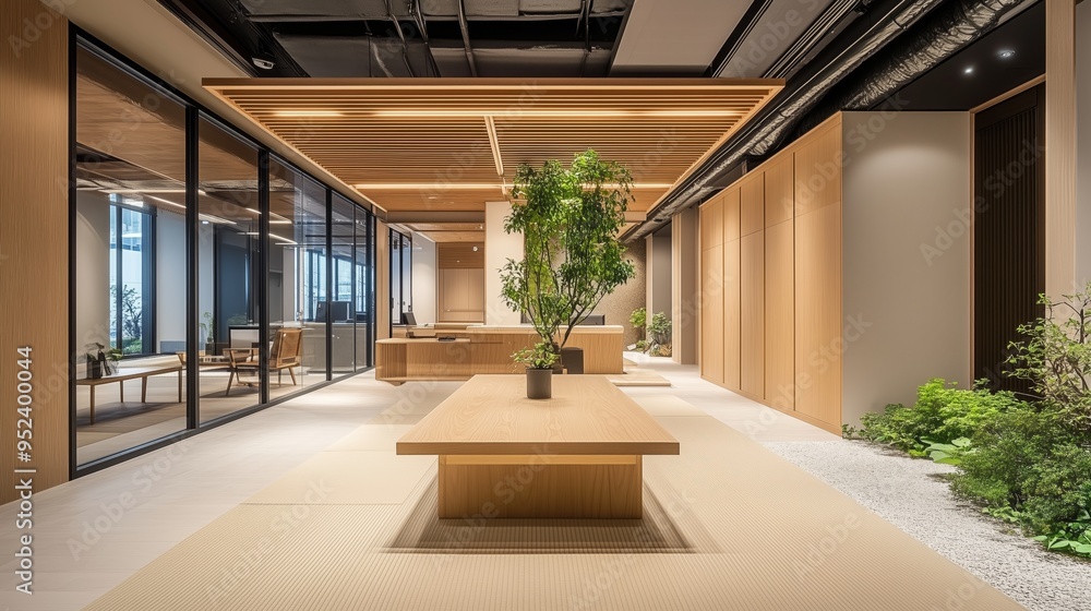Japanese zen garden-inspired office with tatami mats. Japanese zen garden-inspired office with tatami mats.
