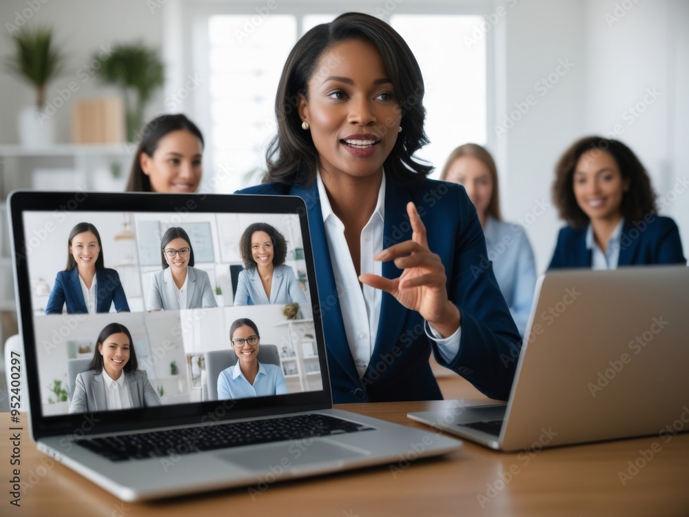photo of a businesswoman leading a team meeting via video conference photo of a businesswoman leading a team meeting via video conference
