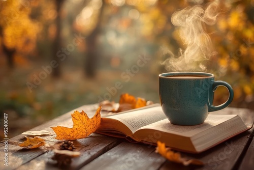 Cozy autumn scene with a steaming cup of coffee and a book on a wooden table, warm tones photo