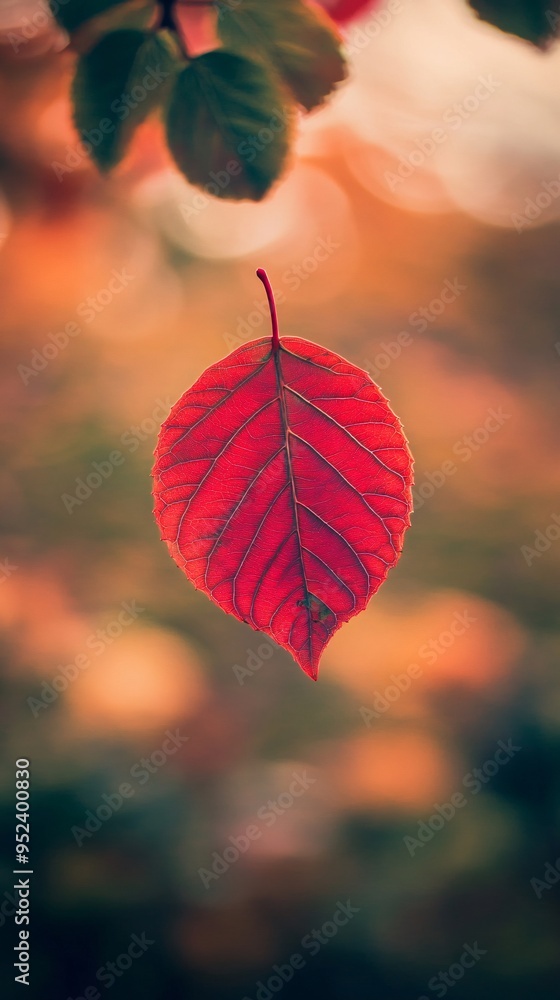 A single red leaf hangs against a blurred background of green and orange hues, showcasing the beauty of autumn foliage.